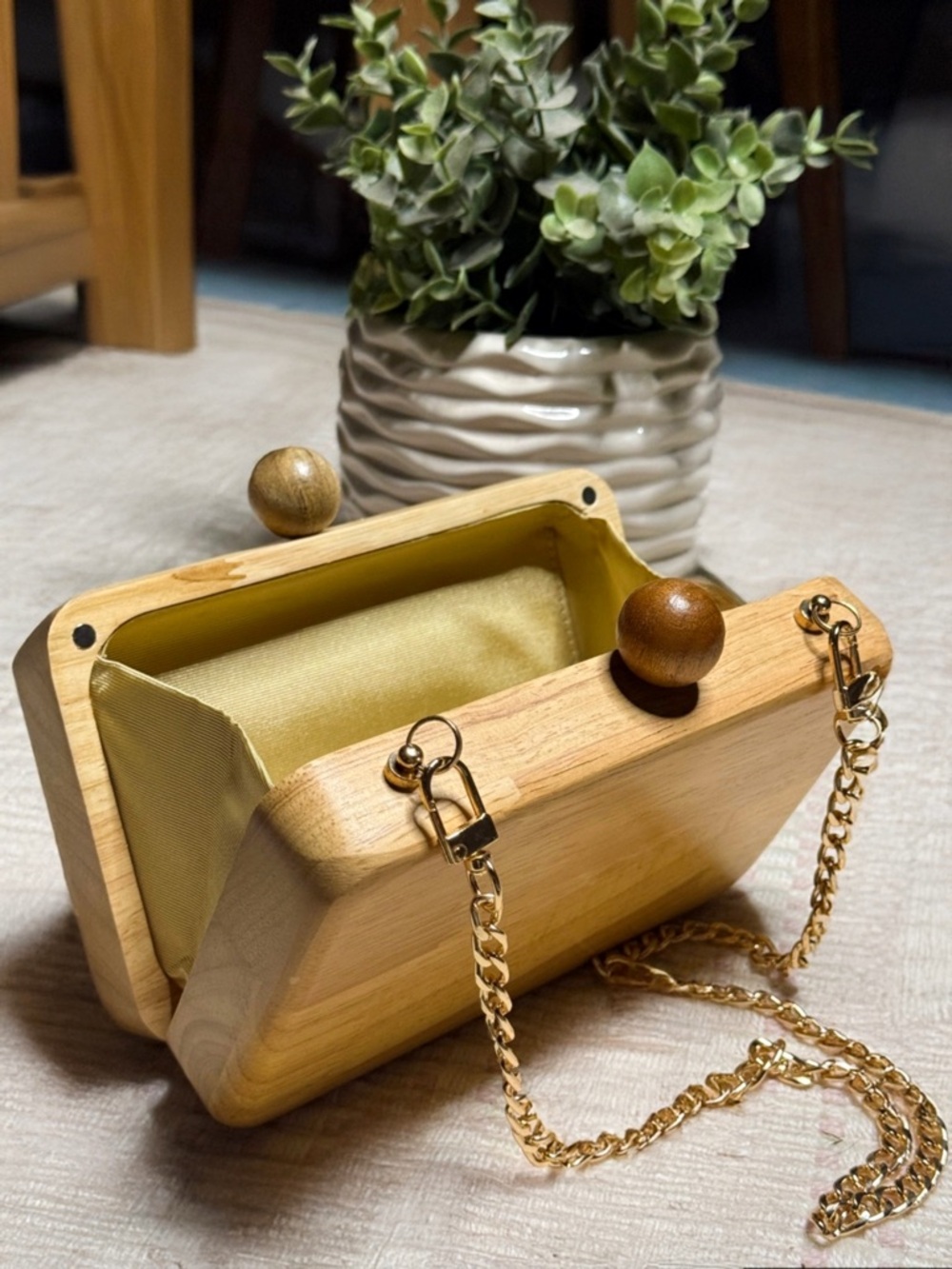 Unique Wooden Box Kisslock Clutch with Gold Chain by Inge Christopher